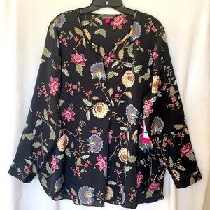 Vince Camuto Floral Hammered Satin Split Neck Top